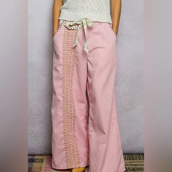 NEW Pol Double Gauze Lace Floral Trim Buckle Back Pants Drawstring Pink Stripe - Picture 12 of 12